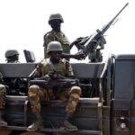 Togolese soldiers patrol in the country’s northern Tone prefecture, near the border with Burkina Faso, on February 17, 2020. Togo’s troops are deployed in the area to try and contain a spillover of jihadism towards coastal West Africa. © Pius Utomi Ekpei, AFP