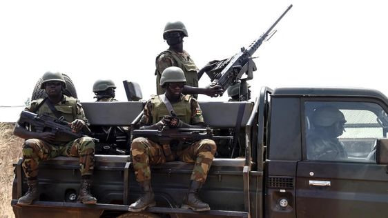 Togolese soldiers patrol in the country’s northern Tone prefecture, near the border with Burkina Faso, on February 17, 2020. Togo’s troops are deployed in the area to try and contain a spillover of jihadism towards coastal West Africa. © Pius Utomi Ekpei, AFP