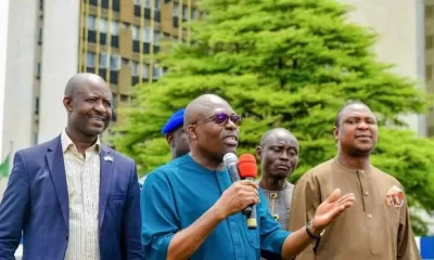 Governor Fubara addressing members of NULGE from the 23 Local Government Areas of Rivers State on a solidarity rally at Government House Gate, in Port Harcourt on Wednesday.