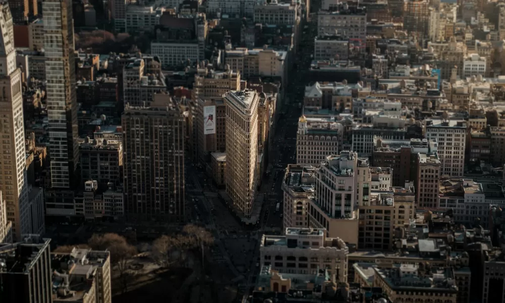 drone shot of the flatiron building in new york