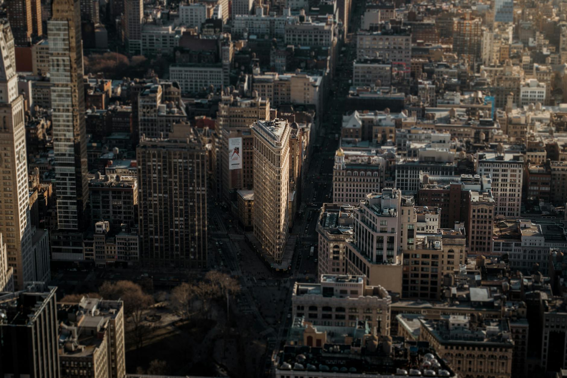drone shot of the flatiron building in new york