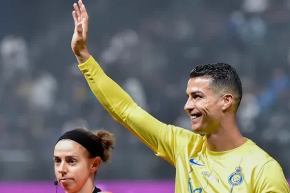 Al Nassr's Cristiano Ronaldo greets his fans during the Riyadh Season Cup 2024 final match at the Kingdom Arena stadium in Riyadh, Saudi Arabia February 8, 2024 [File: AP]