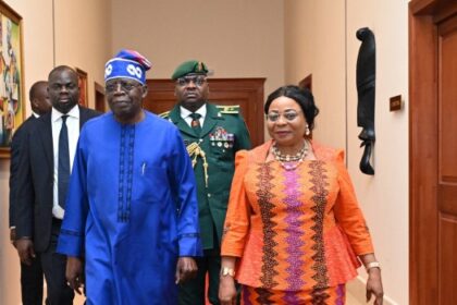 Equatorial Guinea Prime Minister Manuela Roka Botey (R) receives President Bola Tinubu (L) in Malabu on August 14, 2024