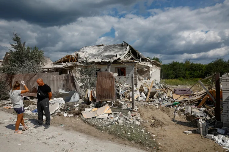 A residential building was heavily damaged in a Russian missile strike in the village of Rozhivka in the Kyiv region [Valentyn Ogirenko/Reuters]