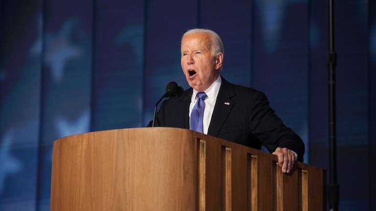 US President Joe Biden speaks at the Democratic National Convention in Chicago, Illinois, August 19, 2024. © Andrew Harnik / Getty Images