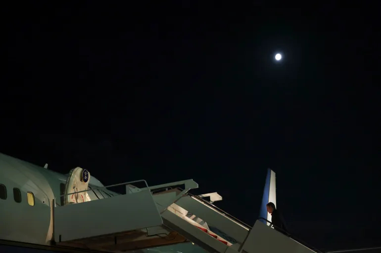 US Secretary of State Antony Blinken boards a plane at Joint Base Andrews in Maryland to depart to the Middle East on August 17, 2024 [Kevin Mohatt/Pool via AFP]