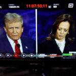 Donald Trump and Kamala Harris, Republican and Democratic presidential nominees, are seen on a screen as they debate at The National Constitution Center on September 10, 2024 in Philadelphia, Pennsylvania. © Getty Images