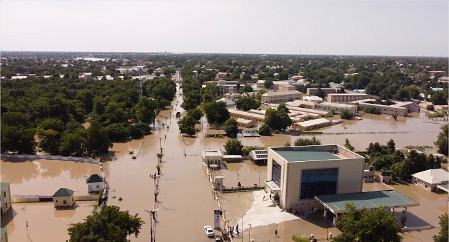 This screenshot shows the aerial view of houses submerged under water in Maiduguri on September 10, 2024. (Credit: Chima Onwe/UNOCHA)