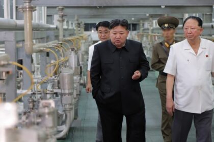 North Korean leader Kim Jong-un inspects a production base for weapon-grade nuclear materials. © kcna.kp