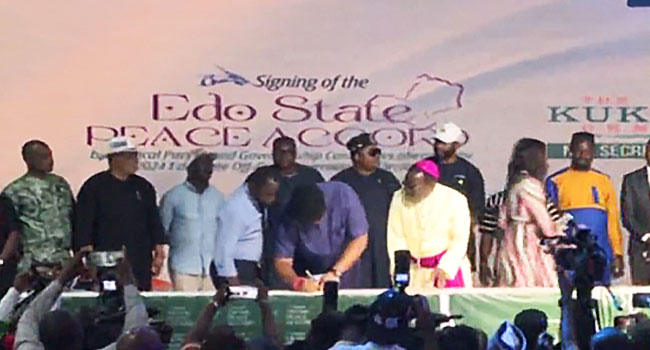 Political parties and their candidates signed the Peace Accord for the Edo State Governorship election on September 12, 2024.