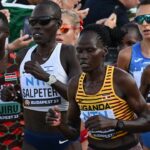 FILES) (From L to R) Kenya’s Rosemary Wanjiru, Israel’s Lonah Chemtai Salpeter, Uganda’s Rebecca Cheptegei and Kenya’s Selly Chepyego Kaptich compete in the women’s marathon final during the World Athletics Championships in Budapest on August 26, 2023. (Photo by Ferenc ISZA / AFP)