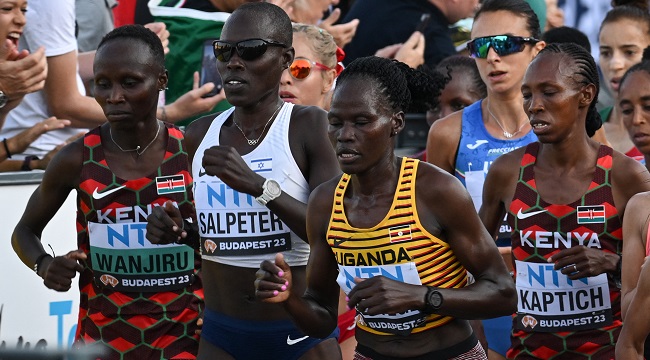 FILES) (From L to R) Kenya’s Rosemary Wanjiru, Israel’s Lonah Chemtai Salpeter, Uganda’s Rebecca Cheptegei and Kenya’s Selly Chepyego Kaptich compete in the women’s marathon final during the World Athletics Championships in Budapest on August 26, 2023. (Photo by Ferenc ISZA / AFP)