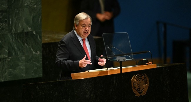 United Nations Secretary-General Antonio Guterres speaks during the 79th Session of the United Nations General Assembly at the United Nations headquarters in New York City on September 24, 2024. (Photo by ANGELA WEISS / AFP)