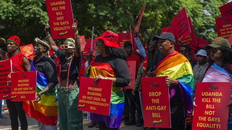 FILE PHOTO: Members of the Economic Freedom Fighters picket against Uganda's anti-homosexuality bill at the Uganda High Commission on April 04, 2023 in Pretoria, South Africa. © Alet Pretorius / Gallo Images via Getty Images