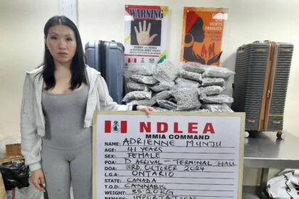 The National Drug Law Enforcement Agency, NDLEA, has announced the arrest of a 41-year-old Canadian lady, Adrienne Munju, by its operatives at the Murtala Muhammed International Airport, MMIA, Ikeja, Lagos