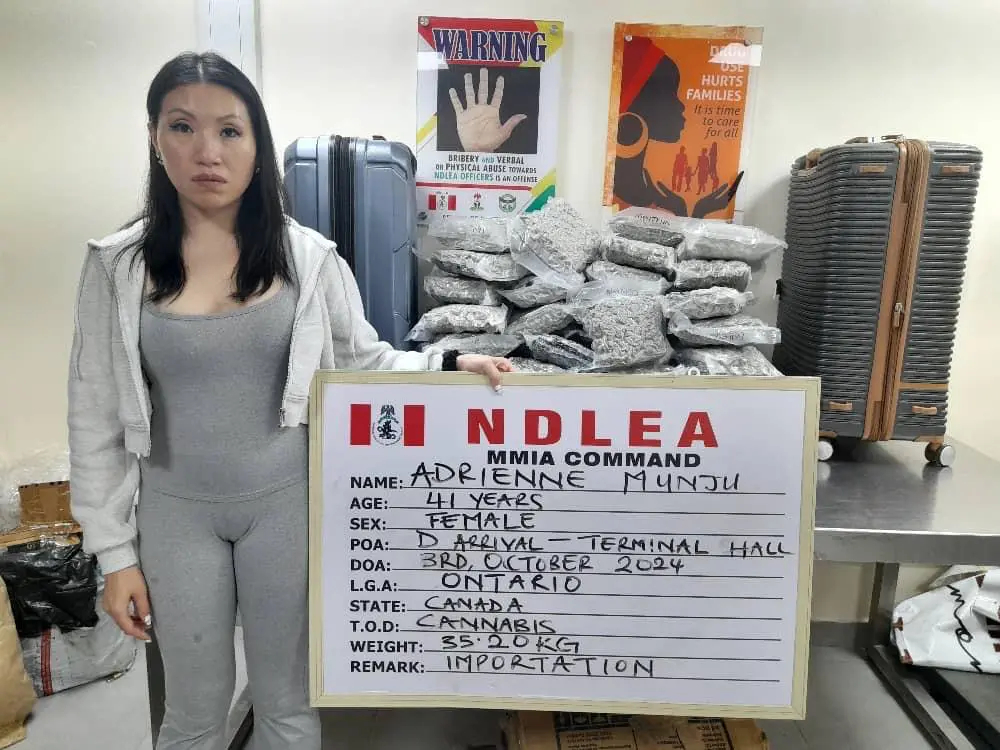 The National Drug Law Enforcement Agency, NDLEA, has announced the arrest of a 41-year-old Canadian lady, Adrienne Munju, by its operatives at the Murtala Muhammed International Airport, MMIA, Ikeja, Lagos