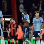 Arsenal’s Ghanaian midfielder #05 Thomas Partey (2R) reacts after the second goal during the English Premier League football match between Bournemouth and Arsenal at the Vitality Stadium in Bournemouth, southern England on October 19, 2024. (Photo by Glyn KIRK / AFP)