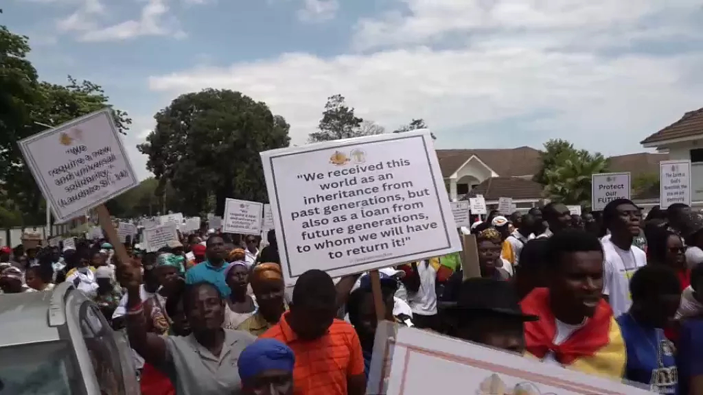 Thousands of Catholic Christians marched on Oct. 11 in Accra to protest the destructive effects of illegal mining, known locally as galamsey.