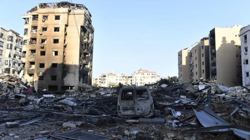 Damaged buildings in a residential area following an Israeli attack on Dahieh suburb in Beirut