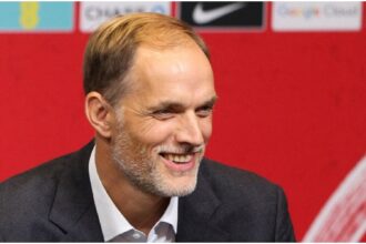 England’s men football team newly appointed, German Thomas Tuchel, speaks during a press conference at Wembley stadium, in London, on October 16, 2024. (Photo by Adrian Dennis / AFP)