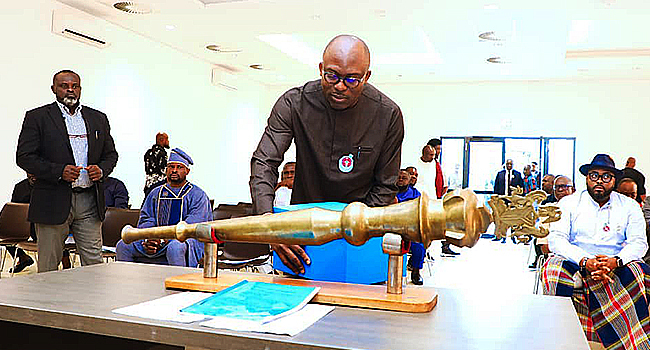 Governor Siminalayi Fubara presents the N800bn 2024 budget estimates before the Edison Ehie-led group of the Rivers State House of Assembly at the Government House on December 13, 2023