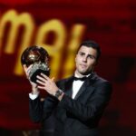 Manchester City’s Spanish midfielder Rodri receives the Ballon d’Or award during the 2024 Ballon d’Or France Football award ceremony at the Theatre du Chatelet in Paris on October 28, 2024. (Photo by FRANCK FIFE / AFP)