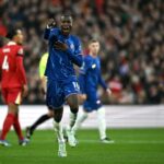 Nicolas Jackson celebrates scoring the team’s first goal during the English Premier League football match between Liverpool and Chelsea at Anfield in Liverpool, north west England on October 20, 2024. (Photo by Paul ELLIS / AFP)