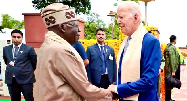 President Bola Tinubu (L) with President Joe Biden (R) on the sidelines of the G20 in New Delhi, India on Sunday, September 10, 2023