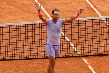 Spain’s Rafael Nadal celebrates after winning against Argentina’s Pedro Cachin during the third round of the 2024 ATP Tour Madrid Open tournament tennis match at Caja Magica in Madrid on April 29, 2024. (Photo by OSCAR DEL POZO / AFP)