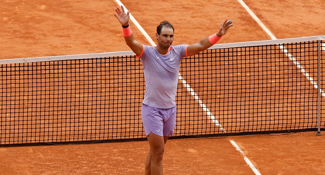 Spain’s Rafael Nadal celebrates after winning against Argentina’s Pedro Cachin during the third round of the 2024 ATP Tour Madrid Open tournament tennis match at Caja Magica in Madrid on April 29, 2024. (Photo by OSCAR DEL POZO / AFP)