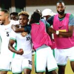 Super Eagles players celebrate Dele-Bashiru’s goal against Libya. X