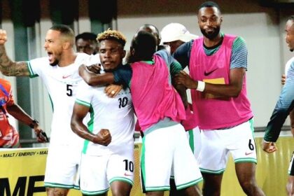 Super Eagles players celebrate Dele-Bashiru’s goal against Libya. X