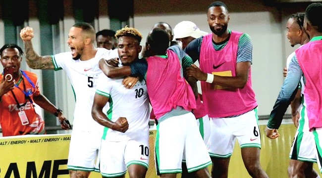 Super Eagles players celebrate Dele-Bashiru’s goal against Libya. X