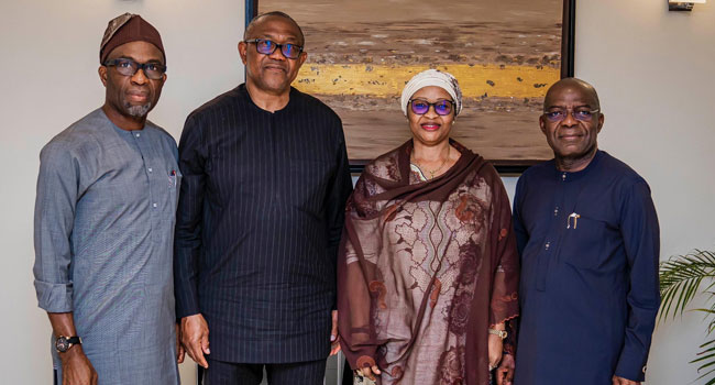 The Chairman, Labour Party Caretaker Committee, Senator Nenadi Usman, meets with Abia State Governor, Alex Otti; former Anambra State Governor, Peter Obi, after a court verdict that upheld the Julius Abure-led leadership.