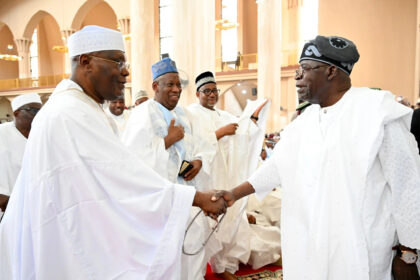 President Tinubu meets old friend Atiku Abubakar at the National Mosque