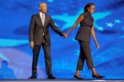 Former President Barack Obama and former first lady Michelle Obama at the Democratic National Convention in August 2024. © Robert Gauthier/Los Angeles Times via Getty Images