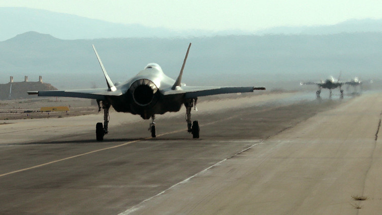 Israeli F-35 fighter jets during Blue Flag exercise at Ovda Airbase, near Eilat, Israel, November 11, 2019. © Emmanuel DUNAND / AFP