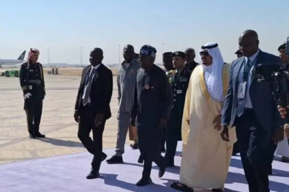 President Bola Ahmed Tinubu on Sunday arrived in the Saudi Arabian capital, Riyadh, to participate in the Joint Arab-Islamic Summit.