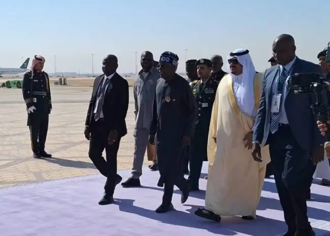 President Bola Ahmed Tinubu on Sunday arrived in the Saudi Arabian capital, Riyadh, to participate in the Joint Arab-Islamic Summit.