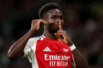 Bukayo Saka scored his second Champions League goal of the season against Sporting