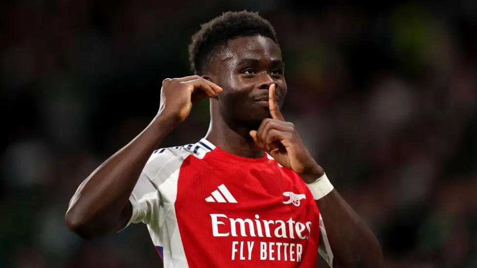 Bukayo Saka scored his second Champions League goal of the season against Sporting