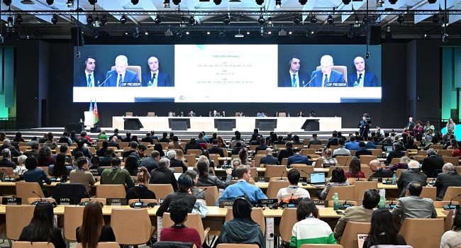 COP29 President Mukhtar Babayev speaks at a first closing plenary of the COP29 Climate Conference in Baku on November 23, 2024. (Photo by STRINGER / AFP)