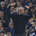 Manchester City’s Spanish manager Pep Guardiola gestures on the touchline during the English Premier League football match between Brighton and Hove Albion and Manchester City at the American Express Community Stadium in Brighton, southern England on November 9, 2024. (Photo by Glyn KIRK / AFP)