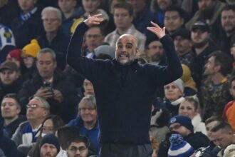 Manchester City’s Spanish manager Pep Guardiola gestures on the touchline during the English Premier League football match between Brighton and Hove Albion and Manchester City at the American Express Community Stadium in Brighton, southern England on November 9, 2024. (Photo by Glyn KIRK / AFP)