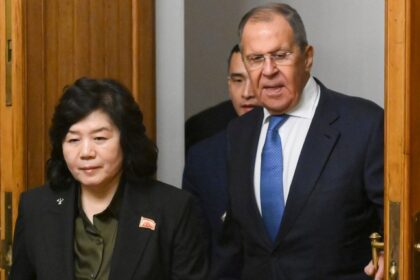 North Korean Foreign Minister Choe Son Hui and Russian Foreign Minister Sergey Lavrov arrive for their meeting in Moscow, Russia. © Sputnik/Ilya Pitalev