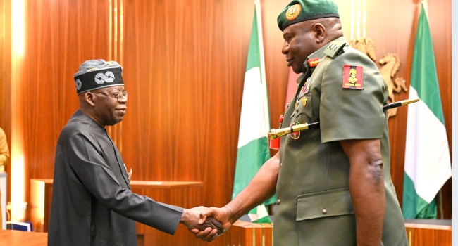 President Bola Tinubu decorates Lt-Gen Olufemi Oluyede at Aso Villa on November 5, 2024 in Abuja