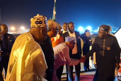 President Bola Tinubu greets FCT Minister, Nyesom Wike, in Abuja upon his arrival from Brazil where he attended the G20 Leaders’ Summit.