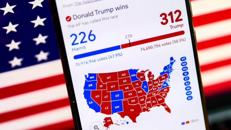 Results of the 2024 US presidential elections are announced online, November 10, 2024. © Beata Zawrzel/NurPhoto via Getty Images