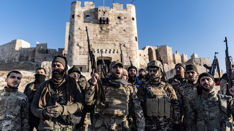 Syrian militants stand in front of the Ancient Castle of Aleppo after seizing control of most parts of Syria's second largest city on 30 November 2024, Aleppo, Syria. © Anas Alkharboutli / picture alliance via Getty Images