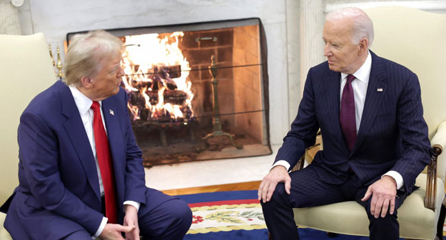 U.S. President Joe Biden meets with U.S. President-elect Donald Trump in the Oval Office at the White House on November 13, 2024 in Washington, DC. Alex Wong/Getty Images/AFP